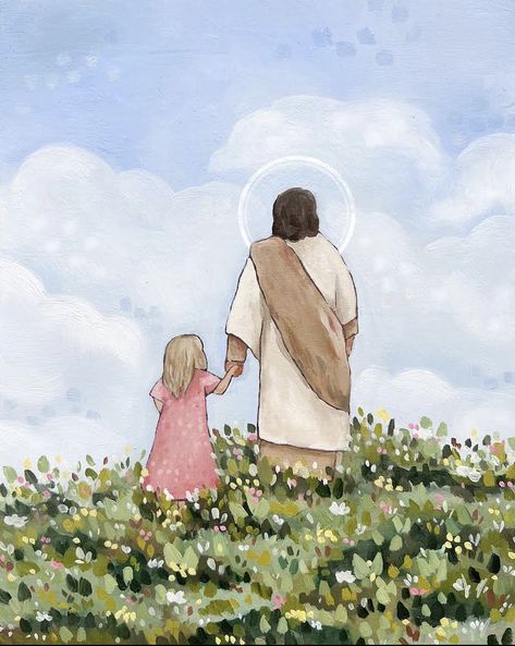 Lds Christ Pictures, Watercolor Christian Art, Father Daughter Painting, Christian Watercolor Paintings, Goodness Of God Lyrics, Curly Hair Dark Skin, Jesus With Kids, Christian Aesthetics, Brunette Curly Hair