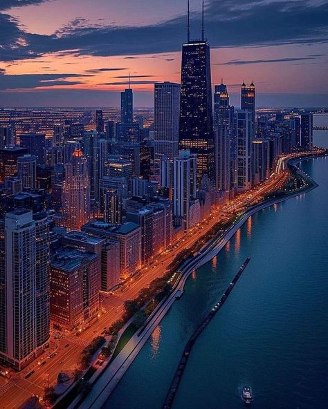 Downtown Chicago Aesthetic, Futuristic City Utopia, Blender Inspiration, Monster Drink, Night Chicago, Chicago Cityscape, Chicago Lakefront, Chicago Aesthetic, Chicago Trip