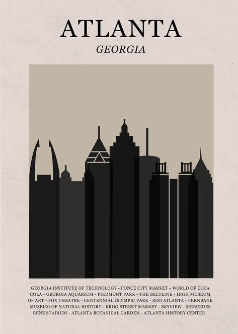 Silhouette poster of Atlanta, Georgia skyline with popular destinations Ponce City Market Atlanta, Georgia Poster, Atlanta Georgia Skyline, Krog Street Market, Silhouette Poster, Atlanta Art, Atlanta Skyline, Atlanta Botanical Garden, World Of Coca Cola