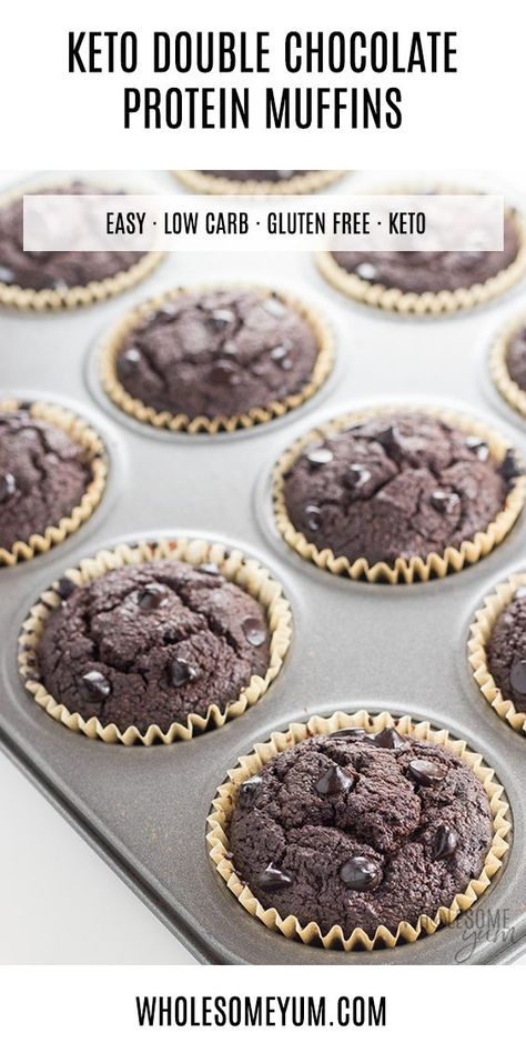 Low Carb Double Chocolate Protein Muffins Recipe - These low carb double chocolate protein muffins are easy to make, moist & delicious. This healthy protein muffin recipe needs just 10 minutes prep time! Healthy Protein Muffins, Protein Muffin Recipe, Chocolate Protein Muffins, Protein Muffin Recipes, Low Carb Milk, Ideas For Breakfast, Low Carb Low Fat Recipes, Healthy Protein Snacks, Baking Powder Uses