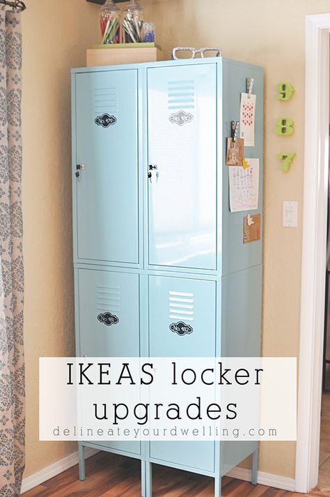 See how to best organize and update your metal IKEA lockers!  Tips for what to store in your lockers and what containers are best to use. Delineate Your Dwelling #IKEAlockerorganization #lockerorganization Salon Locker Ideas, Using Lockers In Home, Lockers In Classroom, Locker For Bedroom, Lockers In Bedroom, Painted Lockers Ideas, Ikea Locker Hack, Kids Lockers For Home, Closet Locker Ideas