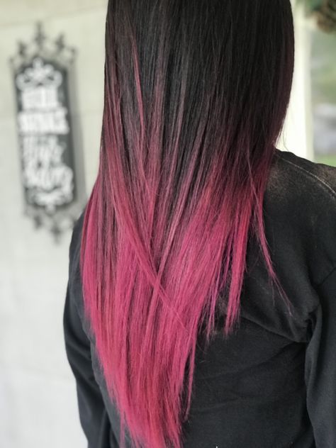 Pink Hair Tips Black, Brunette With Pink Balayage, Long Colored Hair With Bangs, Dark Hair With Pink Balayage, Brown To Hot Pink Ombre Hair, Black Pink Ombre Hair, Black Pink Balayage, Black And Pink Balayage, Dark Brown To Pink Hair