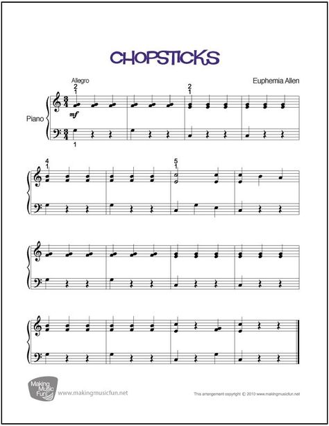 Chopsticks | Beginner and Easy Piano Sheet Music – Bluebird Music Lessons Piano Worksheets, Piano Songs Sheet Music, Piano Songs For Beginners, Beginner Piano Music, Easy Sheet Music, Online Piano Lessons, Piano Music Lessons, Kids Piano, Music Lessons For Kids