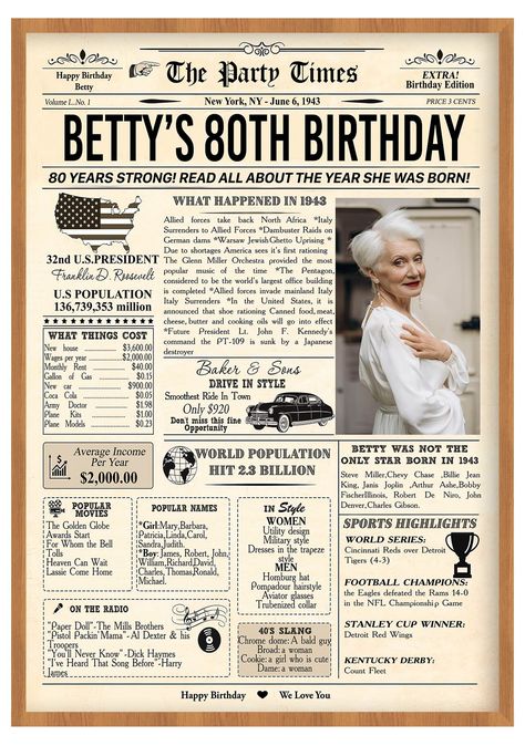 PRICES MAY VARY. Title: Personalized 80th Birthday Gifts, Decorations Party For Women, Men, Him, Her, Dad, Mom, Grandma, Grandpa - Custom Vintage Newspaper Poster Décor with Name. Product Type: Categories > Wall Art > Posters & Prints 100th Birthday Decorations, Vintage Party Games, 70 Party Decorations, 80th Birthday Party Ideas Decoration, Grandma Party Ideas, 1948 Party Theme, 80 And Fabulous 80th Birthday, 80th Birthday Party Ideas For Grandpa, 80th Birthday Party Ideas For Grandma Theme