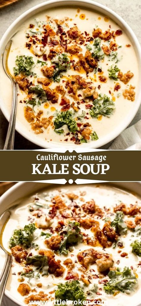 Cauliflower Sausage, Sausage Kale Soup, Soup With Sausage, Sausage And Kale Soup, Sausage Kale, Fall Dinners, Creamy Cauliflower Soup, 2024 Recipes, Creamy Cauliflower