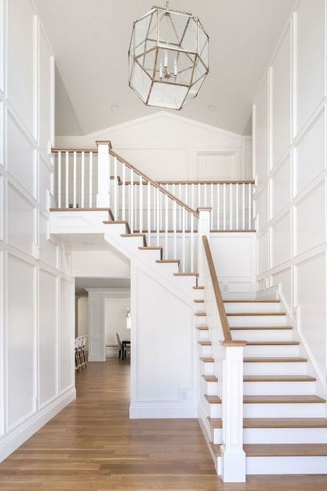 Hey friends and happy Monday!  I’ve been dreaming and scheming where molding and trim is concerned since we decided to build a house.  And at this particular moment in time I’m feeling … Modern Stair Railing, White Stairs, Diy Staircase, House Staircase, Stair Railing Design, Staircase Remodel, Staircase Makeover, Staircase Ideas, Painted Stairs