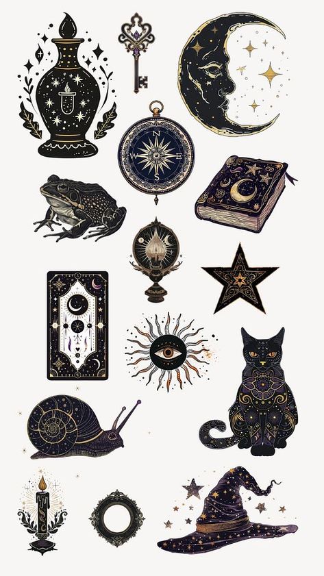 Editable mystical art illustration design element set | premium image by rawpixel.com / Teddy Witchy Moon Phases, Astrology Illustration, Astrology Stickers, Mystical Elements, Magic Stickers, Collage Creator, Astrology Art, Black Cat Art, Awesome Designs