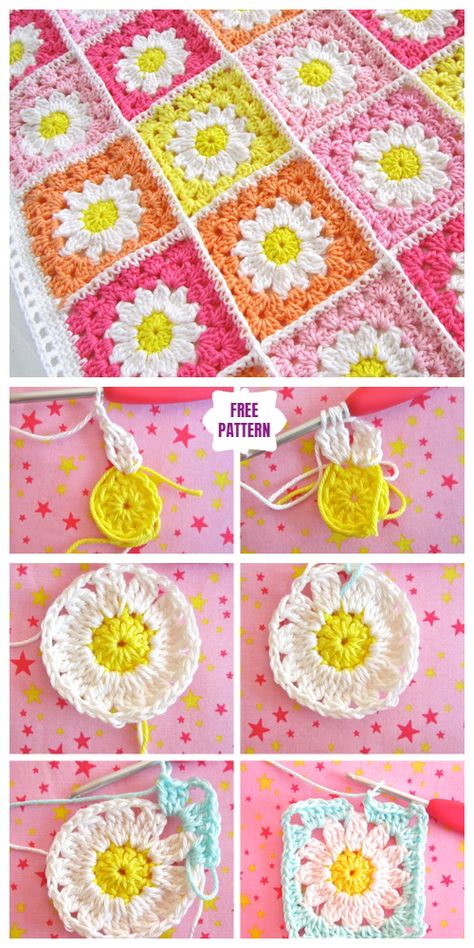 Beginners Crochet Patterns, Crochet Daisy Flower, Crochet Flower Granny Square Pattern, Motifs Granny Square, Crochet Flower Squares, Crochet Flower Blanket, Granny Square Crochet Patterns Free, Blanket Ideas, Mode Crochet