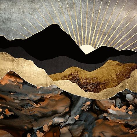 Abstract landscape of copper and gold mountains with sun rays • Millions of unique designs by independent artists. Find your thing. Whale Wall Art, Gold Poster, Mountain Canvas, Mountain Print, E Card, Featured Artist, Canvas Poster, Graphic Art Print, Graphic Illustration