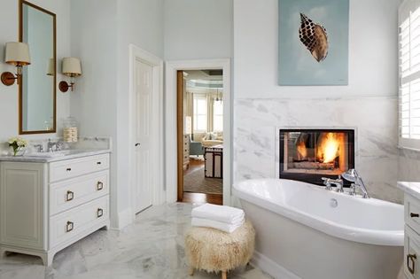 10 Destination Bathtubs for the Ultimate Soak Bathrooms Luxury, All White Room, White Bathroom Designs, Bathroom Fireplace, Master Bathrooms, Transitional Bathroom, Custom Bathroom, Bathroom Pictures, Dream Bathrooms