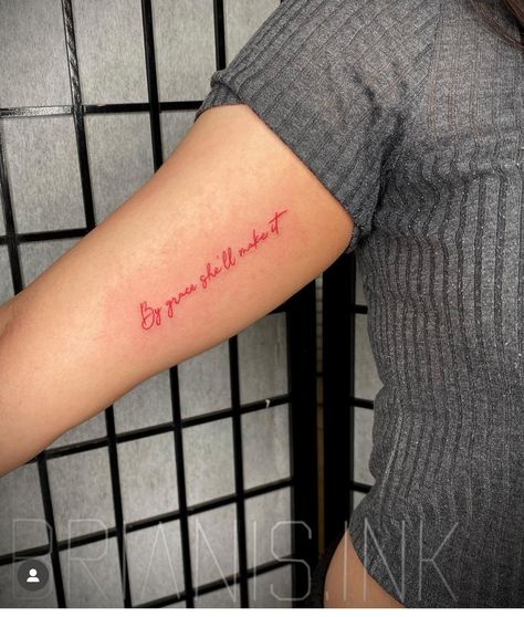 Red Forarm Tattoos For Women, Inner Bicep Tattoo Black Women, Red Rib Tattoo, Red Text Tattoo, Red Writing Tattoo, Small Text Tattoo, Inner Bicep Tattoo, Ankle Tattoos For Women, Hand Tattoos For Girls