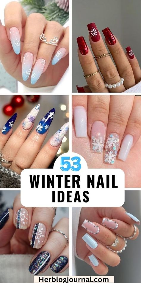 winter nail designs and nail art ideas Snowy Acrylic Nails, White Snowflake Nail Design, Pearl Snowflake Nails, Snow Flakes Nail Design, Winter Rhinestone Nails, Penguin Nails Designs, Snow Flakes Nails Art, Frosty Winter Nails, Glam Winter Nails