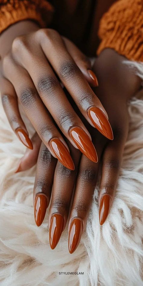 31 Popular Fall Nail Ideas that Scream Cozy Autumn Vibes Fall Almond Acrylic Nails Designs, Pumpkin Colored Nails, September Nails 2024 Almond, Autumnal Nail Art, Fall Nail Polish Ideas, Fall Nails Pedicure, Fall Designs Nails, Fall Nails 2024 Almond, Nails September 2024