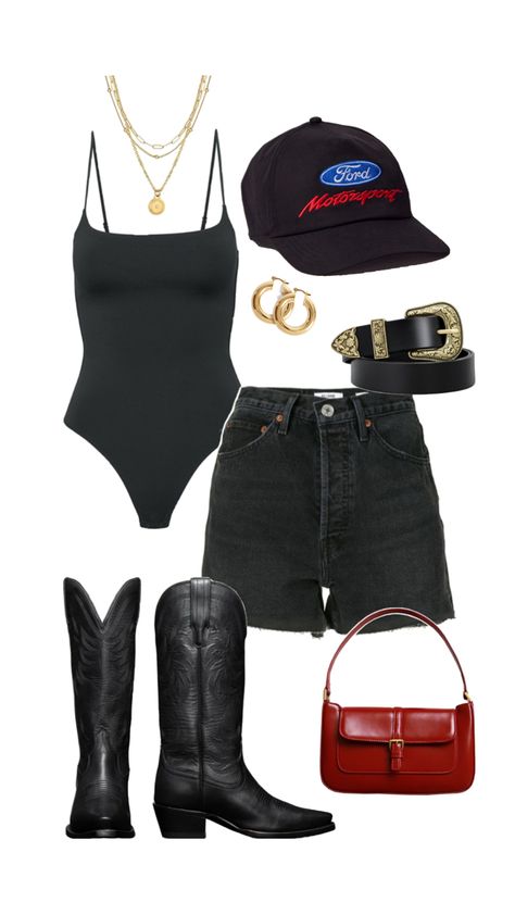 Black Boots Festival Outfit, Acl Outfits 2024, Chill Concert Outfit Summer, Slightly Stoopid Concert Outfit, Cool Girl Concert Outfit, Black Cowboy Boots Outfit Going Out, Casual Saturday Night Outfit, Casual Saturday Outfit Summer, Cowgirl Night Out Outfit