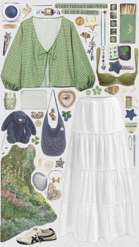 green blue summer spring gingham blouse maxi skirt outfit fit inspo #outfitinspo #vintage #nature #fitinspo #spring #summer Gingham Skirt Outfit, Spring Gingham, Gingham Outfit, Spring Skirt Outfits, Maxi Skirt Outfit, Skirt Outfit Summer, Gingham Blouse, Mood Clothes, Gingham Skirt