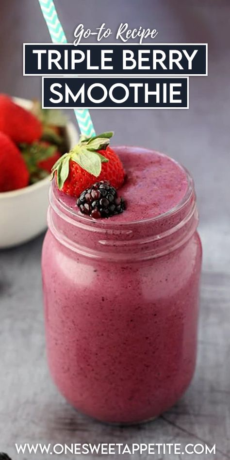 Enjoy this easy and refreshing Mixed Berry Smoothie as a quick breakfast or snack any day of the week. A healthy combination of fruit and yogurt that is approved by even the pickiest eater! Berry Smoothie With Yogurt, Frozen Berry Smoothie, Mixed Fruit Smoothie, Triple Berry Smoothie, Berry Protein Smoothie, Frozen Fruit Recipes, Frozen Fruit Smoothie, Smoothie Recipes With Yogurt, Mixed Berry Smoothie