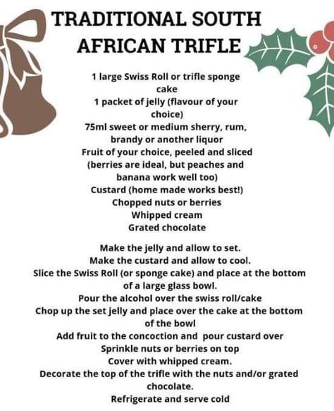 Traditional South African trifle African Desserts, South African Desserts, Delight Dessert, South African Dishes, Christmas Trifle, Tea Sandwiches Recipes, African Dessert, African Dishes, Christmas Salads