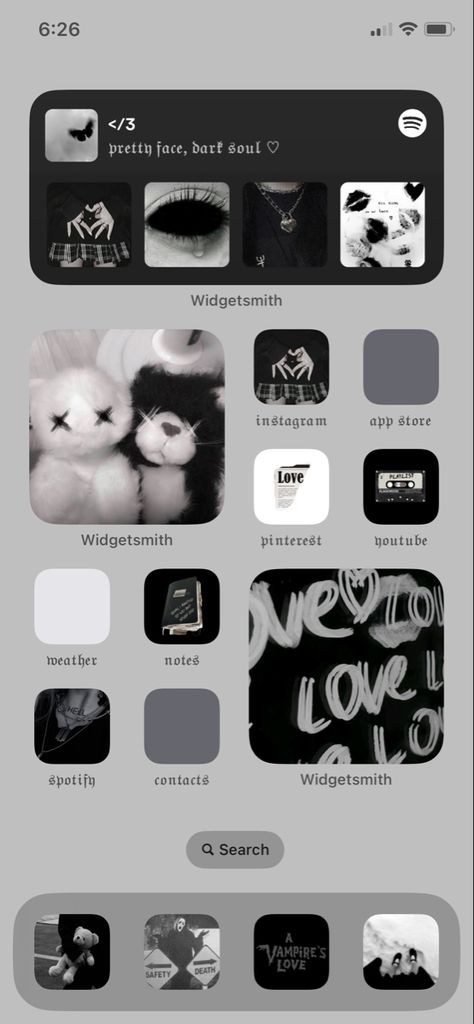 customized iphone setup inspo! part 1 #aesthetic #iphone #dark #grunge #emo Iphone App Design Grunge, Emo Phone Theme, Emo Phone Aesthetic, Grunge Iphone Layout, Gothic Phone Theme, Aesthetic Iphone Setup, Emo Aesthetic, Iphone Style, Phone Inspiration