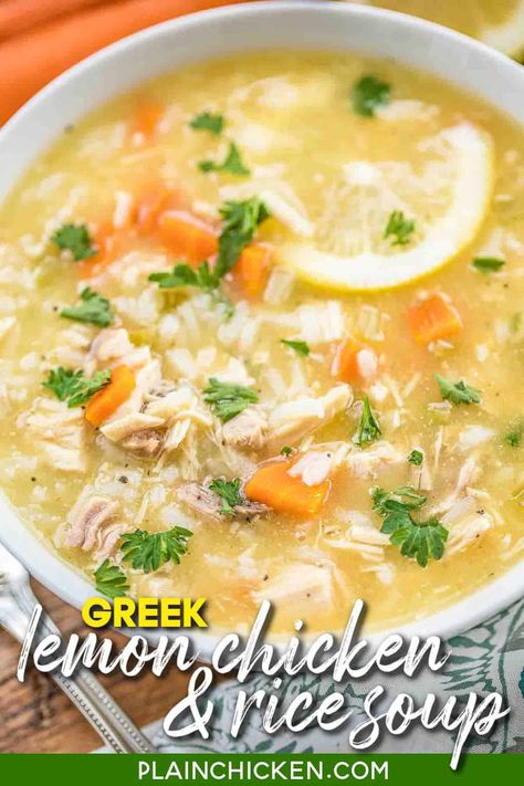 Low Fat Greek Lemon Chicken & Rice Soup - seriously the most delicious chicken soup EVER! Ready in 20 minutes! Chicken, chicken broth, carrots, celery, Greek seasoning, cream of chicken soup, garlic, lemon juice, and rice. Made this for dinner and everyone could not stop raving about it! We make this at least twice a month now. Can freeze leftovers. #chickensoup #soup Lemon Chicken Rice Soup, Lemon Chicken Rice, Lemon Rice Soup, Greek Lemon Chicken Soup, Low Fat Chicken, Lemon Soup, Lemon Chicken Soup, Rice Soup Recipes, Chicken Rice Soup