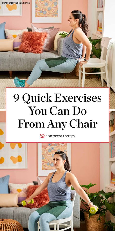 9 Fast Chair Exercises to Workout Your Legs, Arms, Core, and Cardio | Apartment Therapy Get Toned Arms, Resistance Bands With Handles, Chair Workout, Total Body Toning, Shoulder Raises, Seated Exercises, 7 Minute Workout, Most Comfortable Office Chair, Easy At Home Workouts