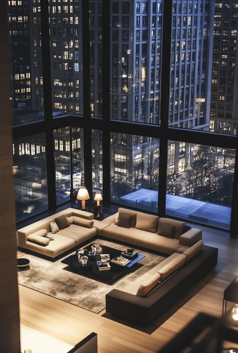 Nighttime Penthouse Elegance - Vave BG Penthouse Modern Interior Design, Nyc Penthouse Aesthetic Old Money, Black Penthouse Aesthetic, Penthouse Outside Look, Korean Penthouse Luxury, Penthouse New York Manhattan, Houston Penthouse, New York Penthouse Luxury, Nyc Penthouse Aesthetic