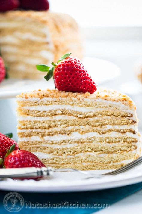 8-Layer Honey Cake Recipe (Medovik) | Natasha's Kitchen | Bloglovin’ Medovik Recipe, Russian Honey Cake, Sour Cream Frosting, Honey Cake Recipe, Russian Desserts, Russian Cakes, Easy Frosting, Armenian Recipes, Food Photoshoot