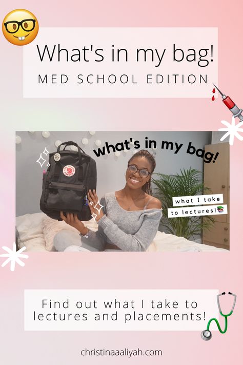 In this YouTube video I'm sharing with you What's in my bag! Medical Student edition :) When I'm going to placements and lectures I make sure to pack a bunch of things so I wanted it with you guys! Medical school / medical student / black doctors / university UK / black medical students / black medical students UK / melanin medics Whats In My Bag Medical Student, Medical Bag Student, Get Into Medical School, Med School Prep, Med School Memes Studying, Getting Into Medical School, Studying Medicine, Best Nursing Schools, Future Doctor