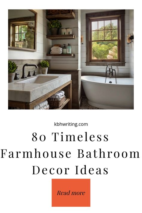 Farmhouse-style bathroom with a freestanding tub, rustic wood shelves, and a large window. Bathroom Decor With Black Accents, Country Farmhouse Bathroom Ideas, Western Boho Bathroom, Country Farmhouse Bathroom, Farmhouse Bathroom Inspiration, Bohemian Bathroom Decor, Barn Door Decor, Timeless Farmhouse, Boho Bathroom Ideas