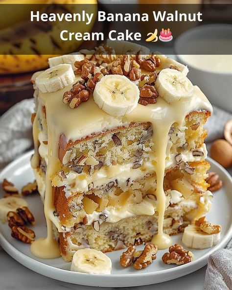 Heavenly Banana Walnut Cream Cake, Walnut Cream, Banana Walnut, Cake Ingredients, Cream Cake, Unsalted Butter, Purpose Flour, 2 Cups, Baking Soda