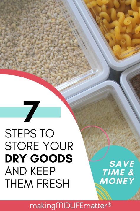 Stockpiling your dry, pantry goods are a great way to save money and time but only if you store your dry goods properly. Here are 7 tips to keep your dry goods fresh and ready whenever you need them. Dry Ingredient Storage, Storing Dry Goods, Dry Pantry, Dry Goods Storage, Preserving Foods, Dry Rice, Way To Save Money, Dry Food Storage, Pantry Ideas