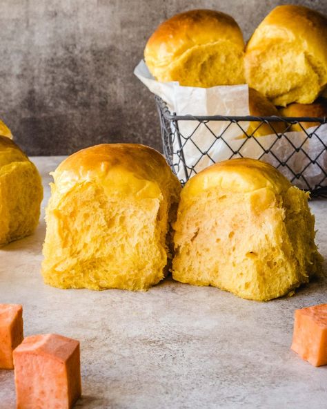 Buttery-Soft Sweet Potato Dinner Rolls (Overnight Recipe) - Kickass Baker Sweet Potato Rolls In Bread Machine, Sweet Potato Yeast Rolls, Pioneer Woman Sweet Potato Rolls, Sweet Potato Dinner Rolls, Dinner Rolls Overnight, Pioneer Woman Sweet Potatoes, Potato Dinner Rolls, Sweet Potato Rolls, Sweet Potato Dinner