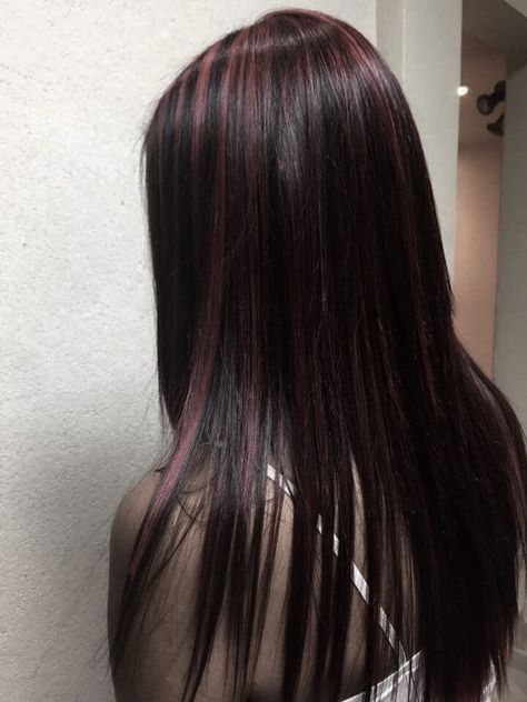 Dark Red Character, Red Pink Highlights In Brown Hair, Strands Of Hair Dyed, Pink Underlayer Hair, Black And Dark Red Hair, Abby Littman Aesthetic, Abby Aesthetic, Abby Littman, Pink Hair Highlights