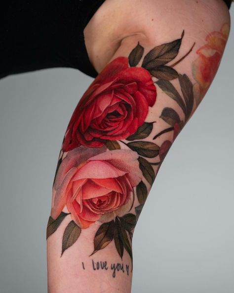 Pink And Purple Flower Tattoo, Persephone Bouquet, Realistic Peony Tattoo, Garden Rose Tattoo, Rose Side Tattoo, Hyper Realism Tattoo, Pink Roses Tattoo, Colored Flower Tattoos, Realism Rose Tattoo