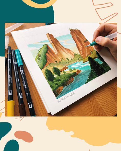 Landscape Illustration with tombow Marker ABT‘s Tombow Marker Art, Tombow Illustration, Tombow Art, Tombow Markers, Ink Markers, Alcohol Ink Markers, Cartoon Background, Creative Artwork, Landscape Illustration