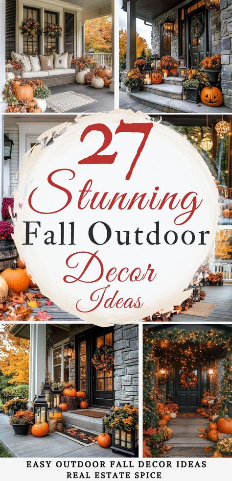 Transform your porch, patio, or any outdoor area into a stunning space with my top fall outdoor decorating ideas and styling tips. I show you how to use seasonal flowers and rich foliage to add color and warmth. Discover creative ways to incorporate lanterns, candles, and string lights to enhance the ambiance. From planters to pathways, every detail is covered for fall beauty. Be inspired and create a stunning fall space you and your guests will love! RealEstateSpice.com #FallDecoratingIdeas Porch Fall Decor, Fall Deck, Fall Patio, Outdoor Fall Decor Ideas, Outdoor Fall Decor, Fall Front Door Decor, Outdoor Decor Ideas, Fall Front Porch Decor Ideas, Pumpkin Display