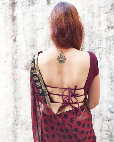 Image may contain: one or more people and closeup Maroon Saree, Tattoo Women, Backless Bra, Backless Blouse, Back Tattoo Women, Backless Wedding Dress, Blogger Girl, Tiny Tattoos, Back Tattoo