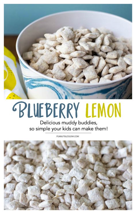 Lemon Muddy Buddies, Chex Muddy Buddies Recipe, Chex Muddy Buddies, Sweet Chex, Puppy Chow Chex Mix Recipe, Chex Mix Puppy Chow, Lemon And Blueberry, Chow Recipe, Muddy Buddies Recipe