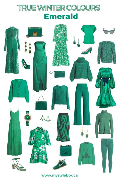 Cold Winter Color Type, Emerald Winter Outfit, True Winter Outfit Ideas, True Winter Clothing, Winter True Outfits, True Winter Jewelry, Colour Winter Outfit, Cold Winter Palette Outfit, Winter House Of Colour Outfits