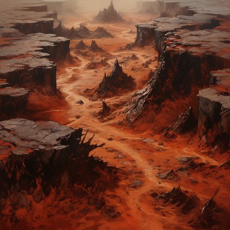 A top - down view of a desolate wasteland of red sand and sharp black jagged rocks Fantasy Wasteland Landscapes, Fantasy Wasteland Art, Red Desert Fantasy Art, Wasteland Fantasy Art, Desert Wasteland Art, Wasteland Art Landscapes, Western Environment Concept Art, Desert Top View, Red Sand Desert