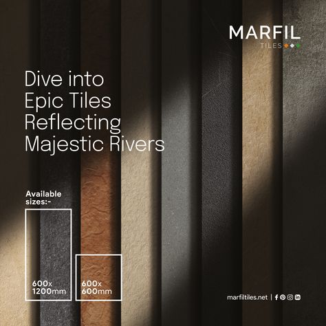 Buckle up as we are presenting our 600*1200 and 600*600 size tiles that are inspired by the great rivers of Bharat with a spectrum of finishes, shades and patterns. #marfiltiles #bharatseries #digitalfullbody #strongest #fullbody #vitrifiedtiles #interiordesigninspo #interiorspace #interiorstyles #designstyles #decorstyle #decortiles #ceramictile #floordesign Tiles Creative Ads, Tiles Ads, Tiles Photography, Tiles Wall Design, Marble Aesthetic, Tile Panels, Architecture Design Drawing, Vitrified Tiles, Floor Stickers