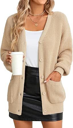 QUALFORT Women's Cardigan Sweater 100% Cotton Button-Down Long Sleeve Oversized Knit Cardigans with Pockets Soft Knit Cardigan, Cardigan Oversized, Oversized Knit Cardigan, Oversize Casual, Chunky Knit Sweater, Chunky Cardigan, Oversized Cardigan, Cardigan Top, Cotton Cardigan