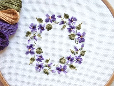 Purple Cross Stitch, Stitch Silhouette, Flower Cross Stitch, Purple Cross, Floral Cross Stitch Pattern, Tiny Cross Stitch, Halloween Cross Stitch Patterns, Flower Cross, Stitch Fabric