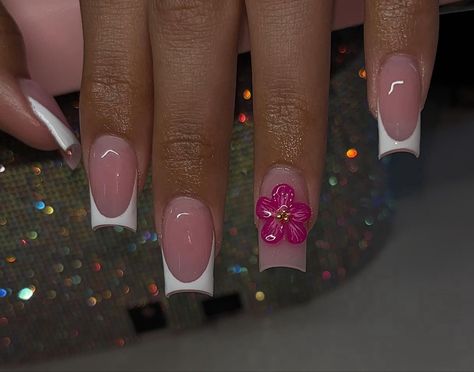 Black French Flower Nails, Nails With Fake Flowers, 3d Flower Nails Long Square, White Nail Designs With Flowers, French With 3d Flower Nails, French Nail Designs Flower, French Tip With Blooming Gel, French Tip Nails With 3d Flower, Nail Inspo 3d Flower