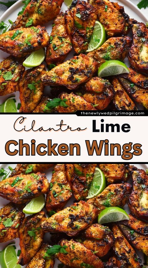 Easy Sizzling Cilantro Lime Chicken Wings Recipe - The Newlywed Cilantro Lime Wings, Chicken And Cilantro Recipes, Baked Chicken Wings Recipes, Recipes With Cilantro, Healthy Wings Recipe, Cilantro Lime Chicken Wings, French Onion Meatballs Recipe, Lime Chicken Wings, Oven Chicken Wings