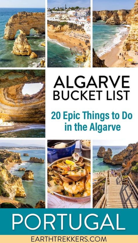 Algarve Bucket List. Here are 20 epic things to do in the Algarve, Portugal: Seven Hanging Valleys Trail, Lagos, Albufeira, Ponta da Piedade, Algar Seco, Costa Vicentina, Tavira, Benagil Cave, boat tours, surfing, seafood, and more. 5 Days In Portugal, What To Do In Portugal, Algarve Portugal Things To Do, Portugal Travel Outfit, Algarve Itinerary, Algarve Travel, Best Places In Portugal, European Honeymoon, Trips Abroad