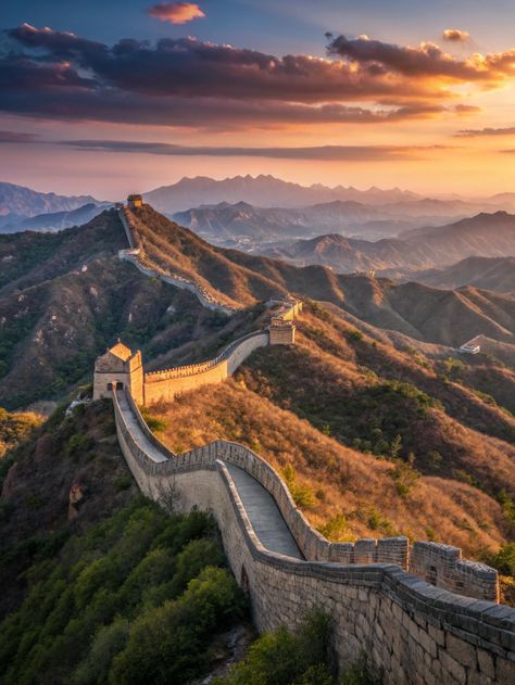 Experience the magic of the Great Wall of China at sunset, where ancient history meets breathtaking landscapes. As the sun dips below the horizon, immerse yourself in this iconic destination.  What hidden gems have you discovered on your travels in Asia? . #travelasia #travel #travelphotography #travelgram #asia #wanderlust #travelblogger #travelblog #asiatravel The Great Wall Of China Aesthetic, China Pics, Asian Travel, 7 Wonders, Be Here Now, Vision Board Photos, Financial Abundance, Great Wall Of China, Luxe Life