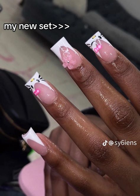 Vacation Duck Nails, Acrylic Flowers On Nails, Dominican Nails, Pink Tip Nails, Quinceanera Nails, Hard Nails, Duck Nails, Long Acrylic Nail Designs, French Acrylic Nails