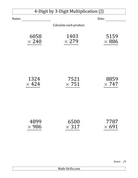 The Multiplying 4-Digit by 3-Digit Numbers (Large Print) (J) Math Worksheet from the Long Multiplication Worksheets Page at Math-Drills.com. 4 Digit Multiplication Worksheets, Long Multiplication Worksheets, 4 Multiplication, Long Multiplication, Math Subtraction Worksheets, Math Multiplication Worksheets, Multiplication Worksheet, Addition Flashcards, J Names