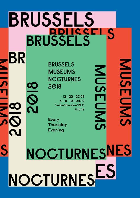 Specht Studio — Brussels Museums Nocturnes Color Blocking Design Graphics, Graphic Design Repetition, Layer Graphic Design, Poster Design Colorful, Layered Poster Design, Repetition Graphic Design, Layering Graphic Design, Color Block Poster, Simple Graphic Design Poster