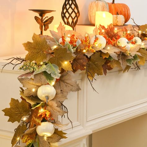 PRICES MAY VARY. 【LIGHT UP YOUR SPACE】 Illuminate your autumn evenings with our enchanting light string in our fall garland. This magical combo casts a cozy glow over any space, making it the perfect accent for those crisp, fall nights. Whether draped over your mantle or wrapped around your front door, add a touch of warmth and whimsy to your fall festivities! 【RICH NATURAL ELEMENTS】Explore the secret world of maple leaves in earth tones, encounter the warm romance of red maple leaves, embrace t Mustard Yellow Fall Decor, November Office Decorations, No Pumpkin Fall Decor, Fall Garland Mantle, Mantle Arrangements, Autumn Mantel Decor, Fall Mantle Garland, Fall Room Design, Fall Fireplace Decor Mantles